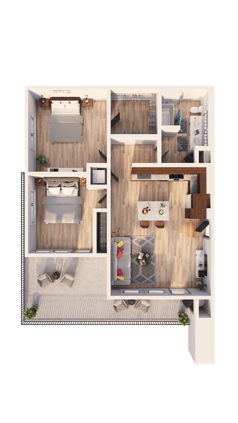 Floor plan for 2 beds, 1 bath, 839 sqft